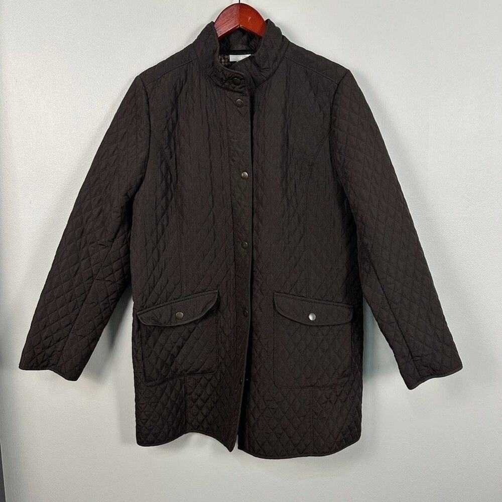 J. Jill Womens Large Quilted Coat Jacket Zip Button Brown Long Winter Warm